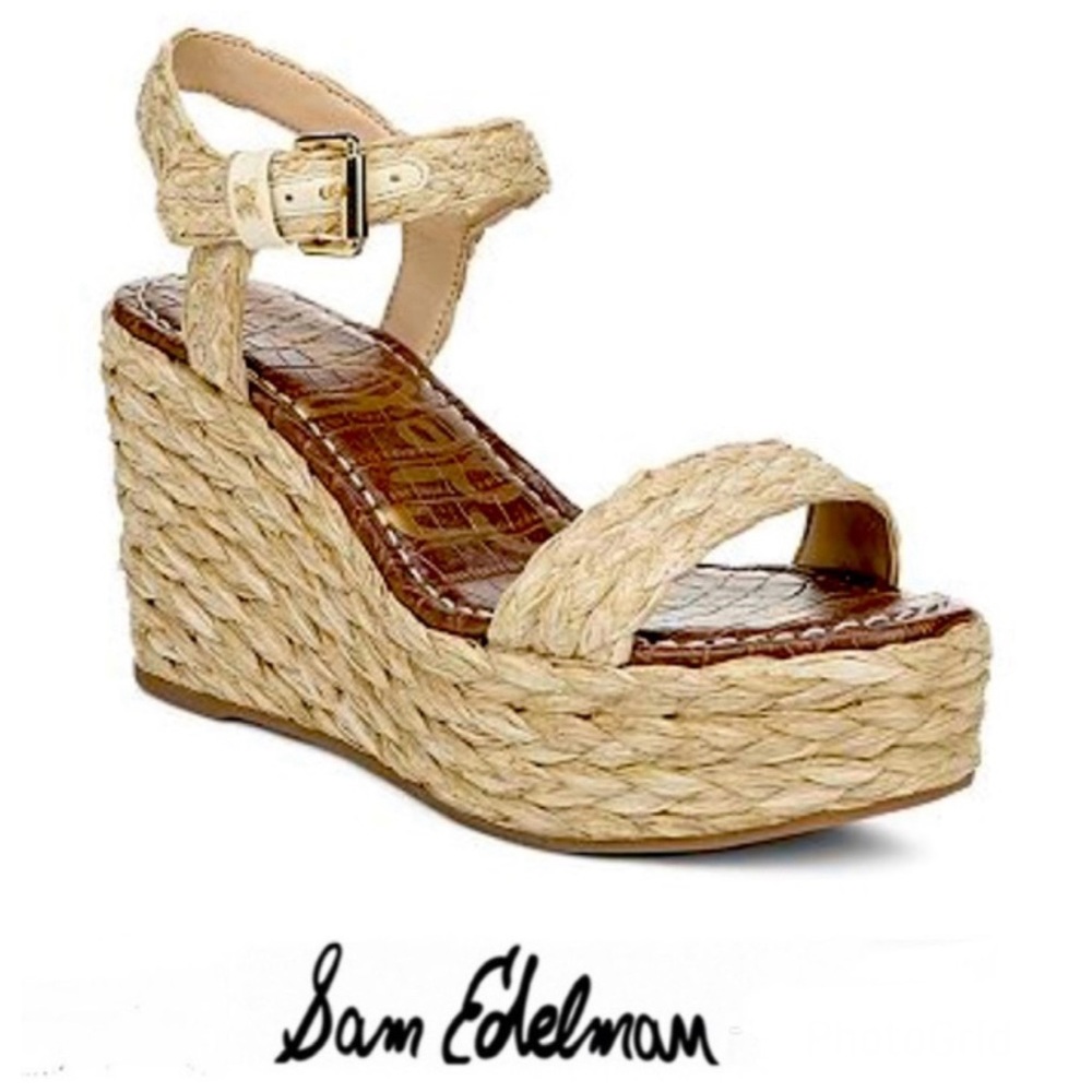 SAM EDELMAN Deena Raffia Ankle Strap Buckle Closure Platform Wedges Sandals Sz 8
